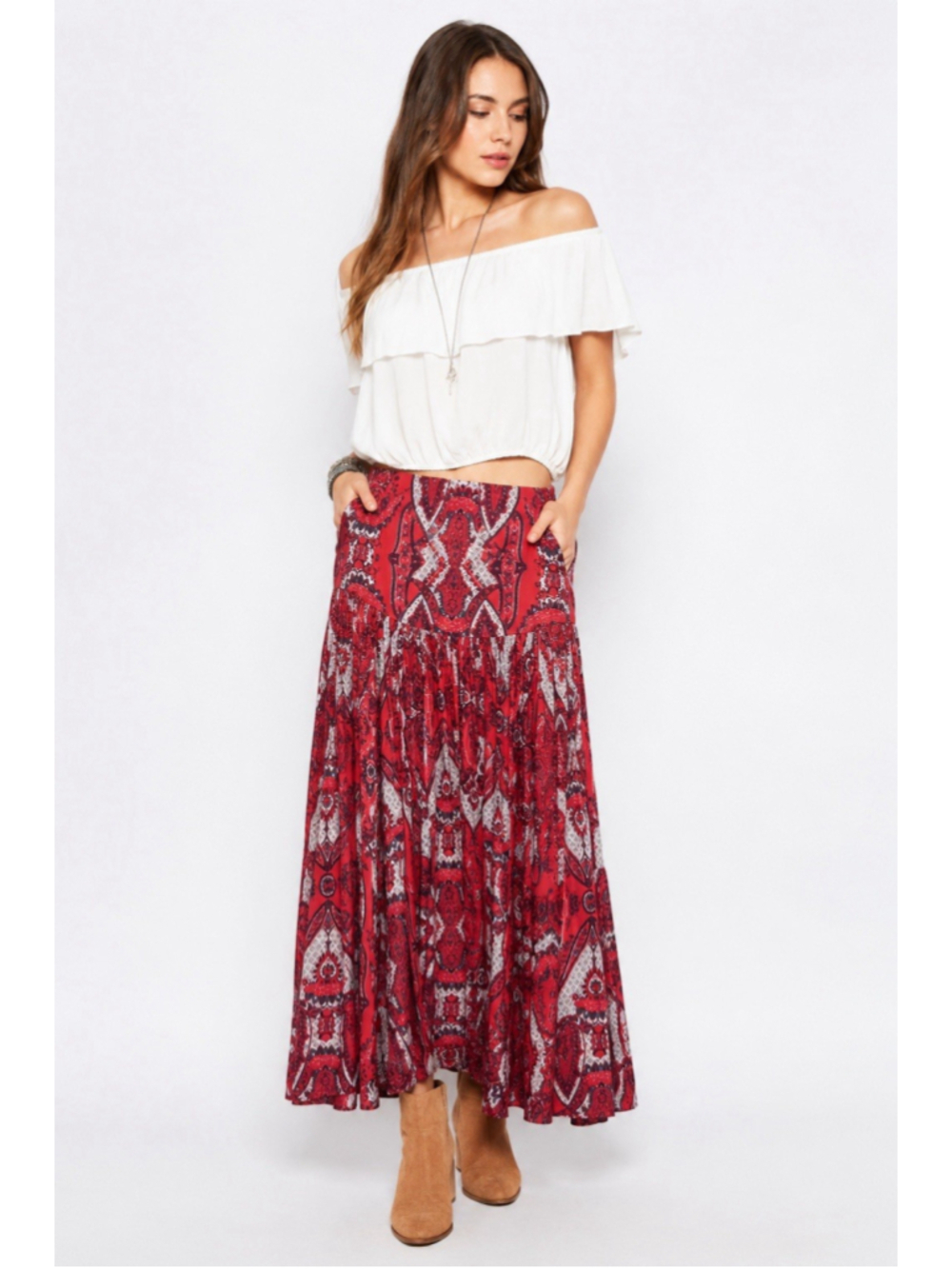Free People Red Paisley Maxi Skirt Women’s Size 12 Boho Festival Flowy